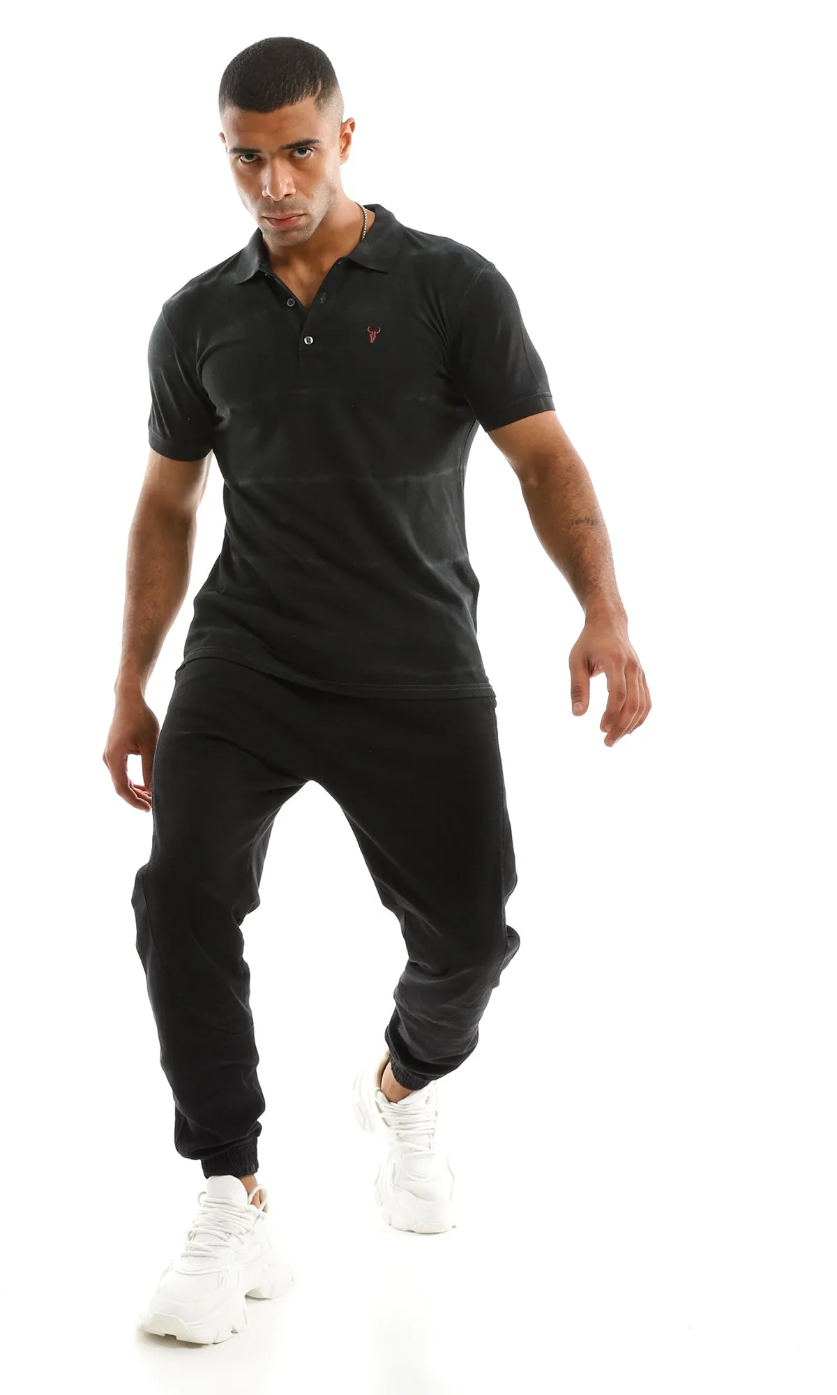 98096 Buttoned Self Bleached Polo Shirt - Black