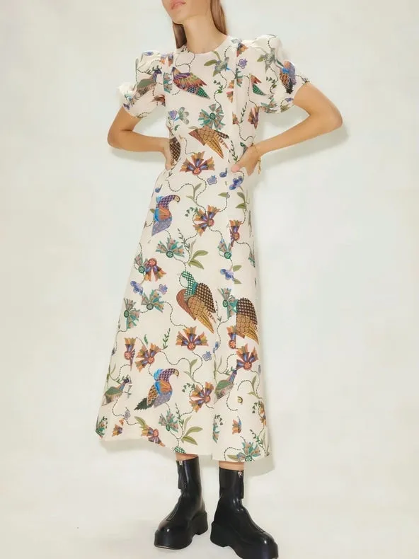 Bird-Print Slim-Fitting and Versatile Dress