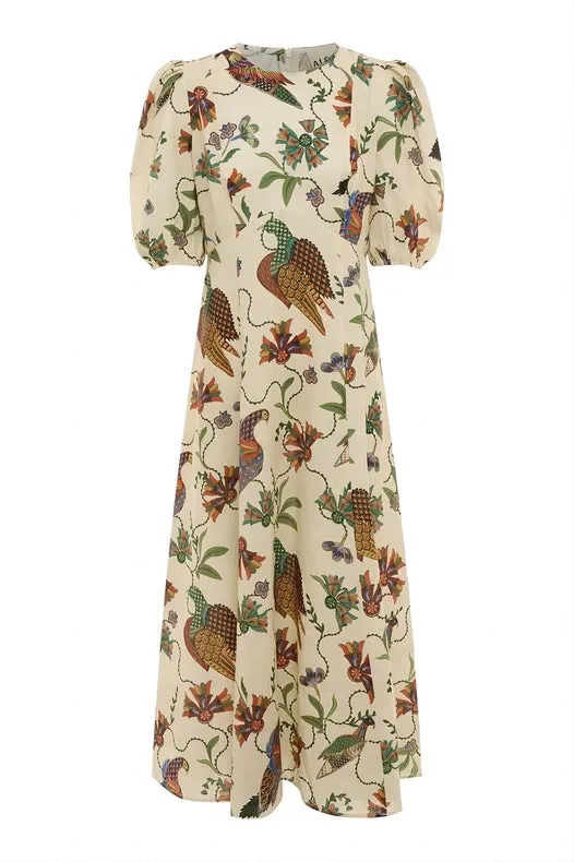Bird-Print Slim-Fitting and Versatile Dress