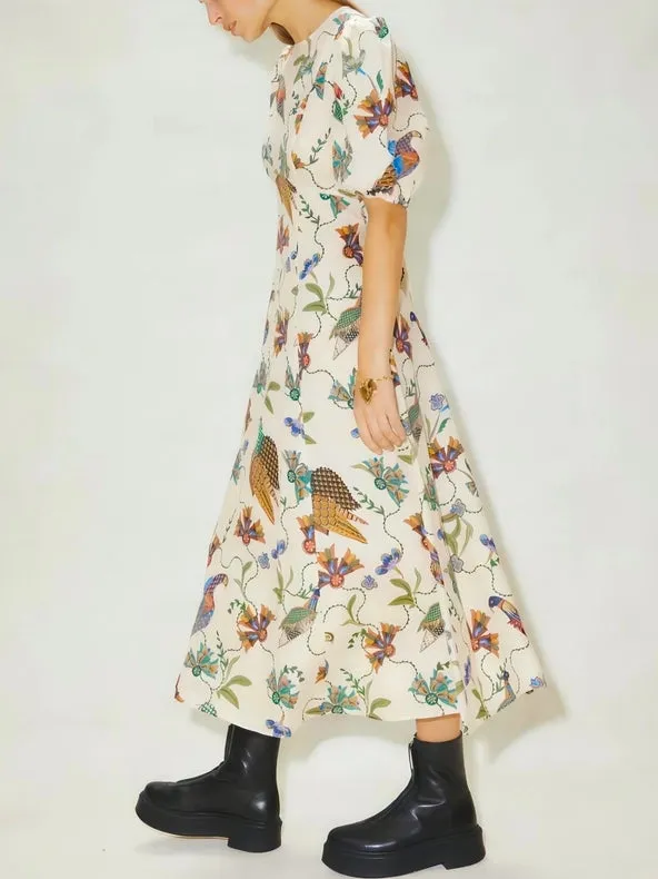 Bird-Print Slim-Fitting and Versatile Dress