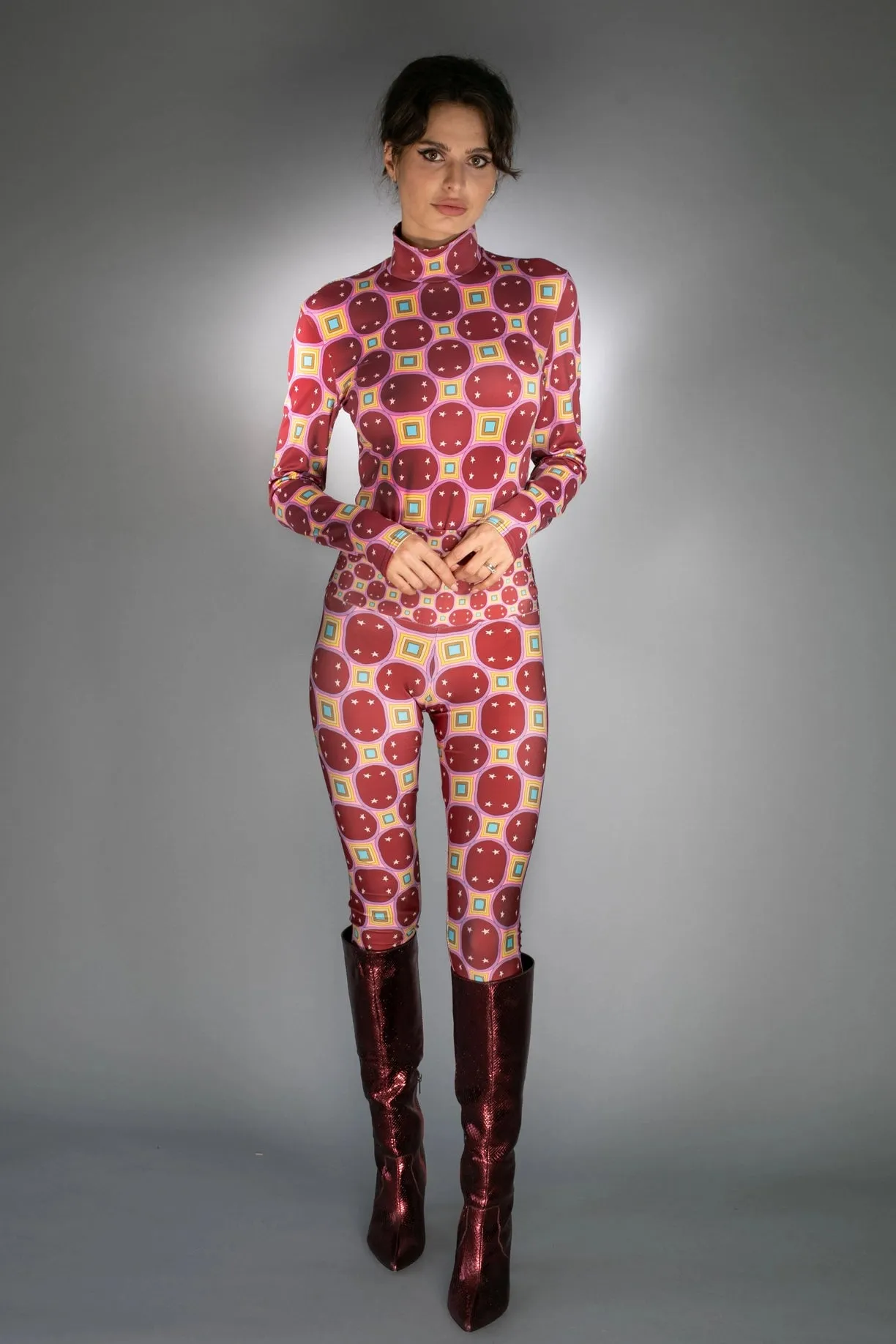 Comfortable Stretchy Stars Rainbow Dark Red Ladies Leggings