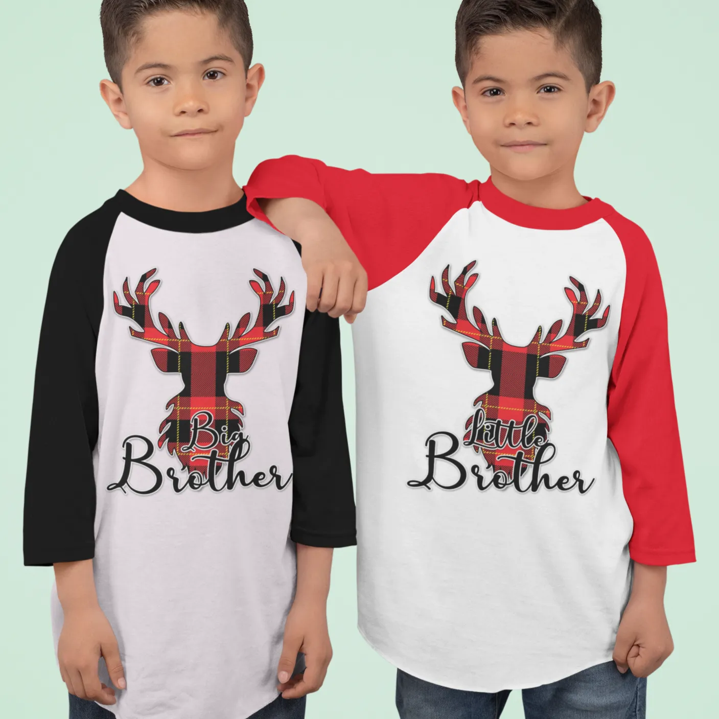 Flannel Christmas Reindeer Family Raglan Shirt (Brother and Sister)