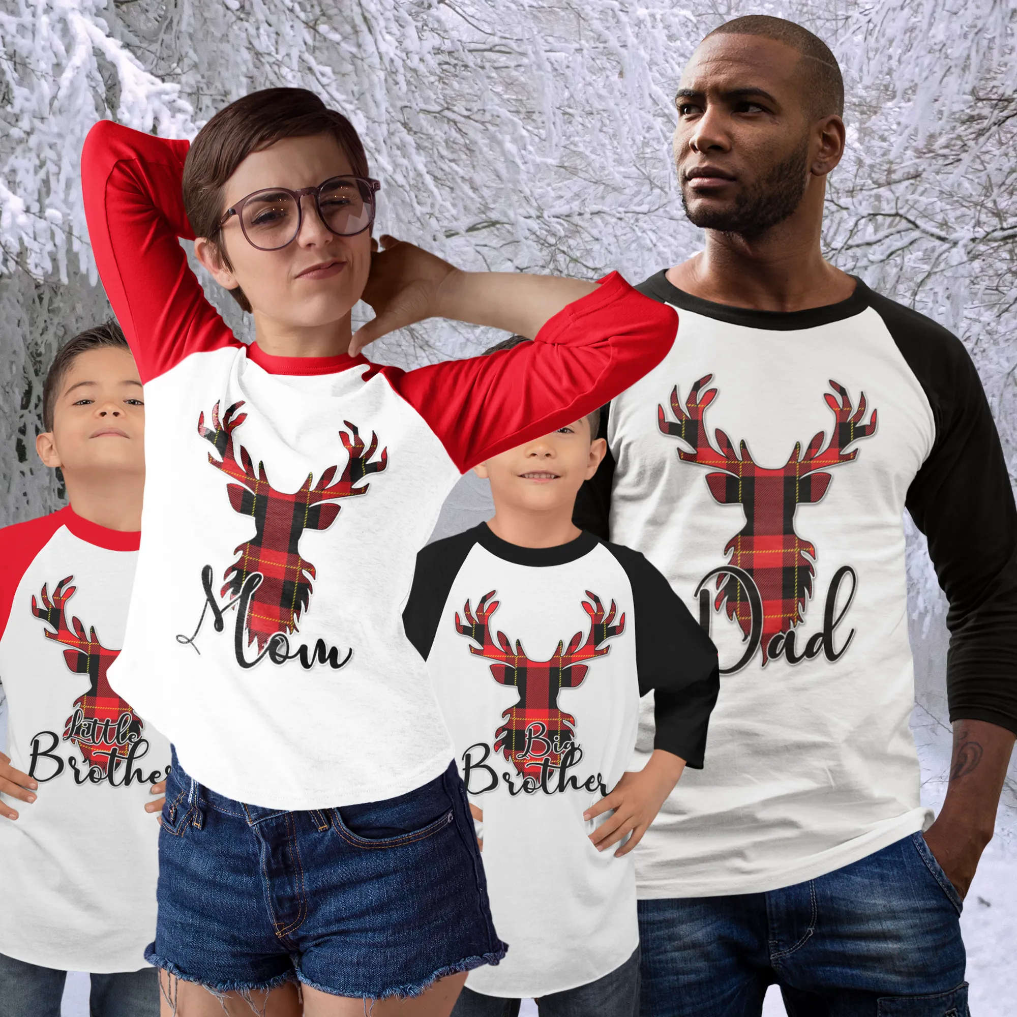 Flannel Christmas Reindeer Family Raglan Shirt (Brother and Sister)