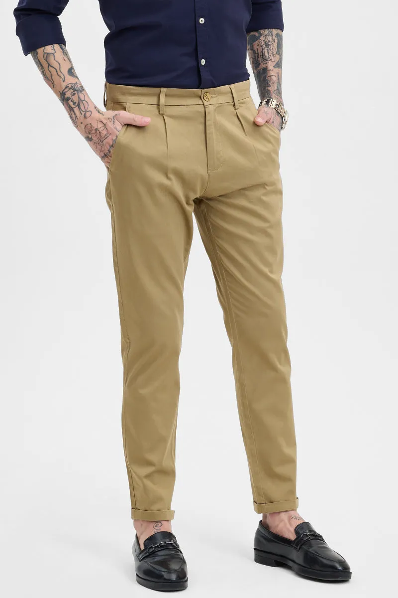 Khaki Slim Fit Pleated Trousers