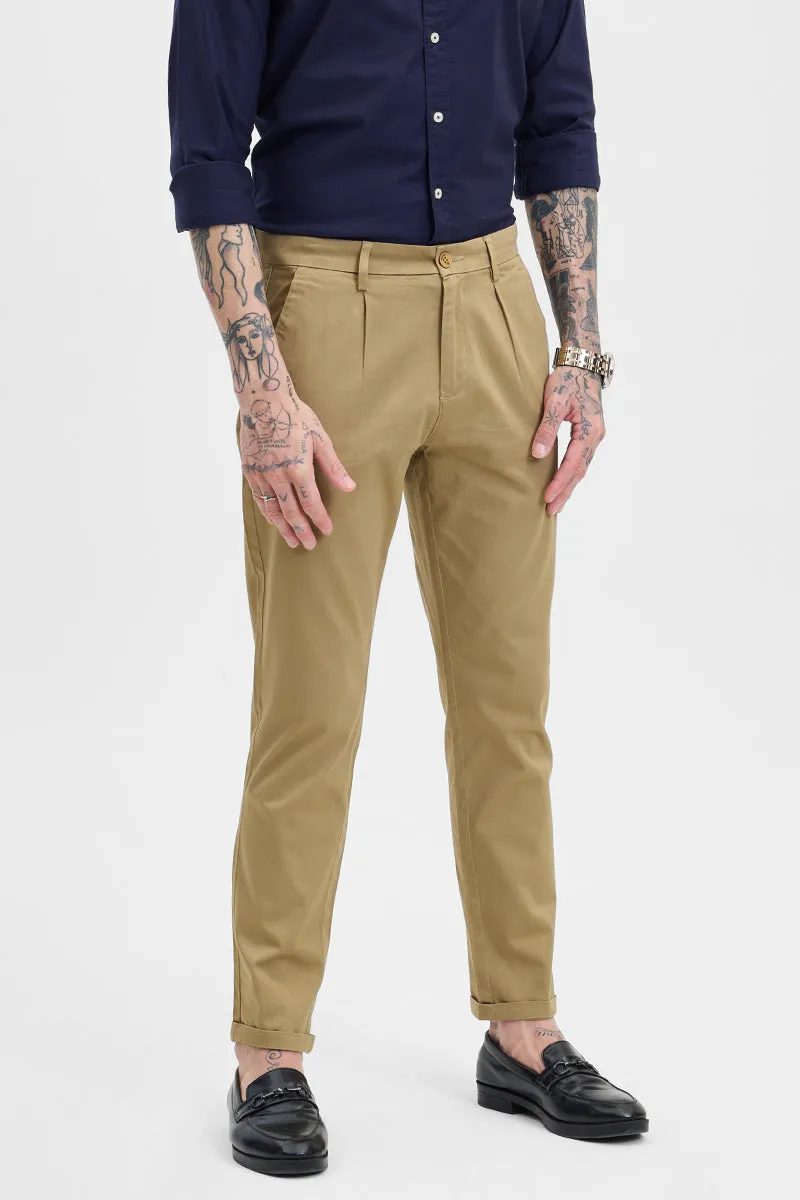 Khaki Slim Fit Pleated Trousers