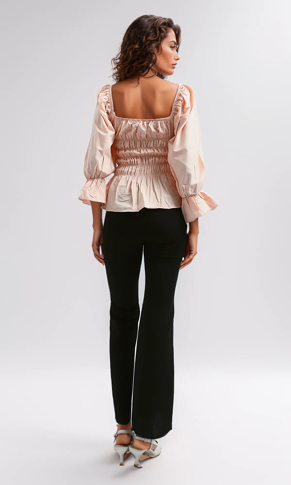 O189741 Casual Square Neck Long Sleeve Top With Elastic Waist - Light Simone