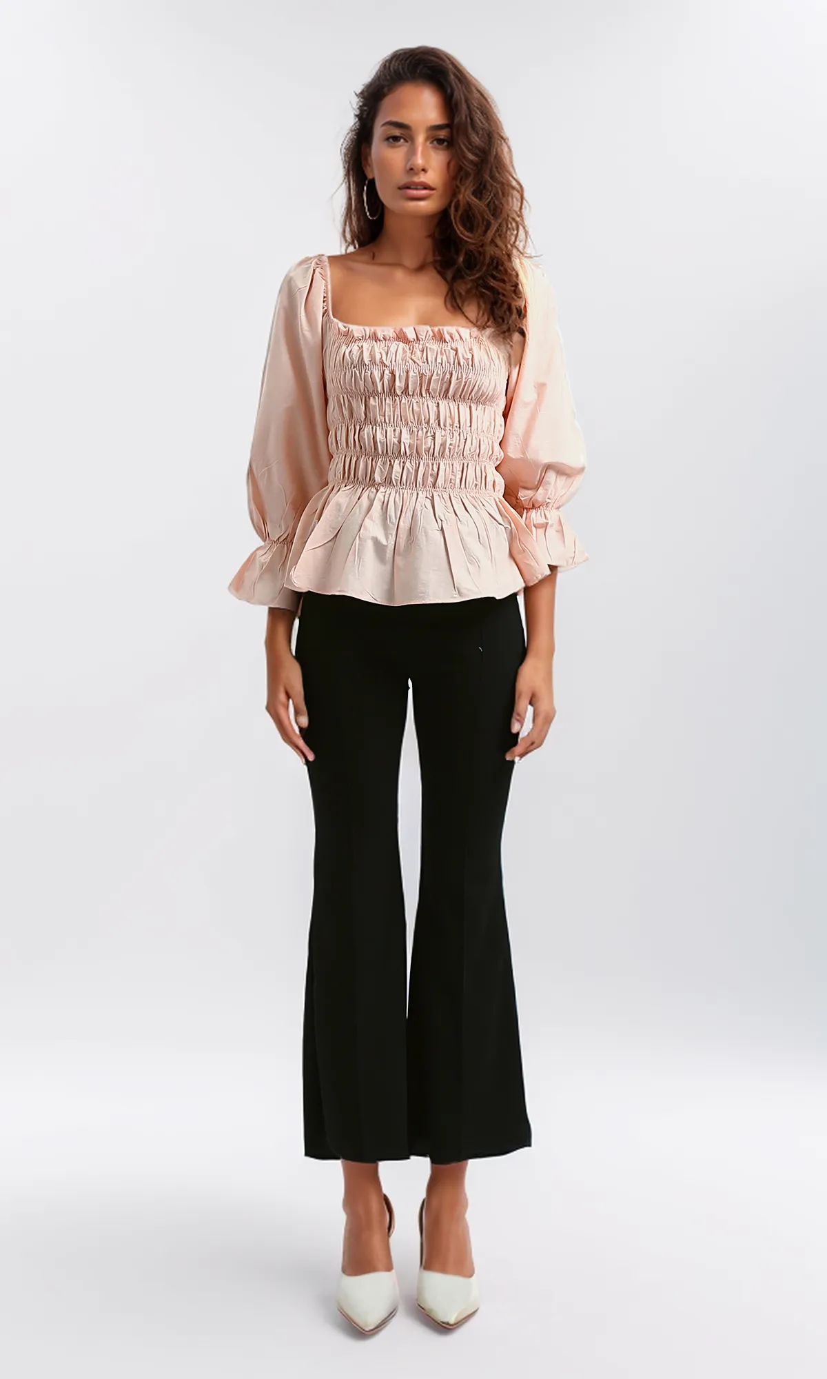 O189741 Casual Square Neck Long Sleeve Top With Elastic Waist - Light Simone