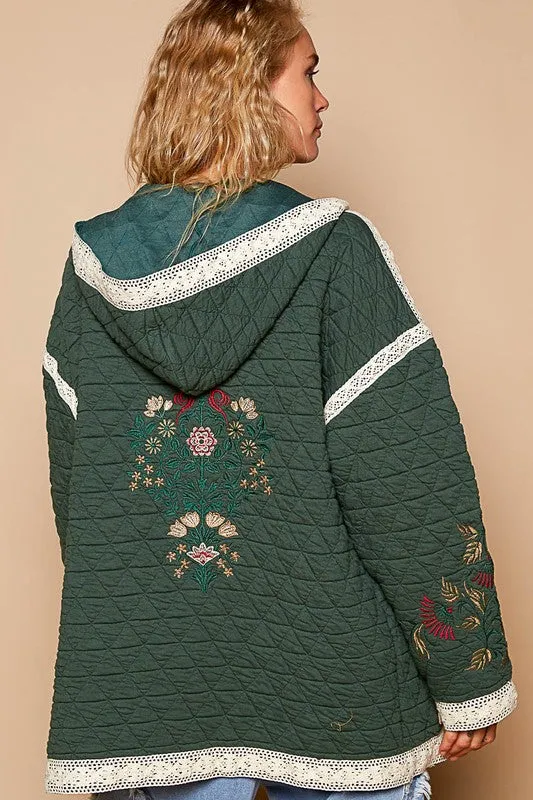 ONLINE EXCLUSIVE POL Embroidered Open Front Quilted Jacket with Crochet Pockets