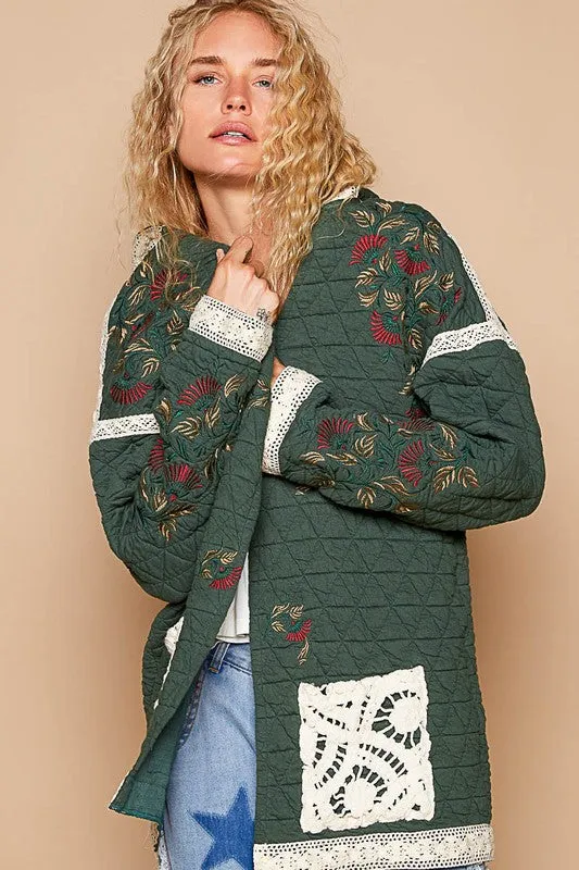 ONLINE EXCLUSIVE POL Embroidered Open Front Quilted Jacket with Crochet Pockets