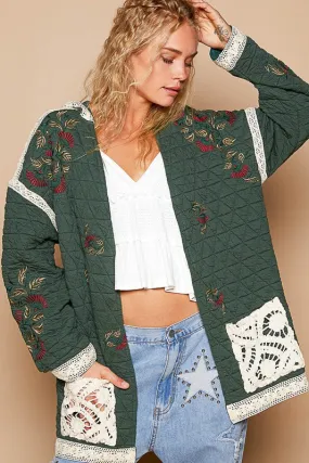 ONLINE EXCLUSIVE POL Embroidered Open Front Quilted Jacket with Crochet Pockets