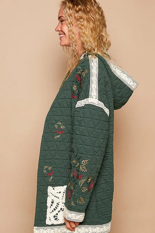 ONLINE EXCLUSIVE POL Embroidered Open Front Quilted Jacket with Crochet Pockets