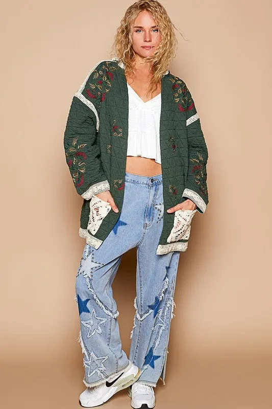ONLINE EXCLUSIVE POL Embroidered Open Front Quilted Jacket with Crochet Pockets