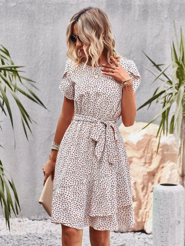 Versatile Floral Waist-Tie Dress with Layered Skirt