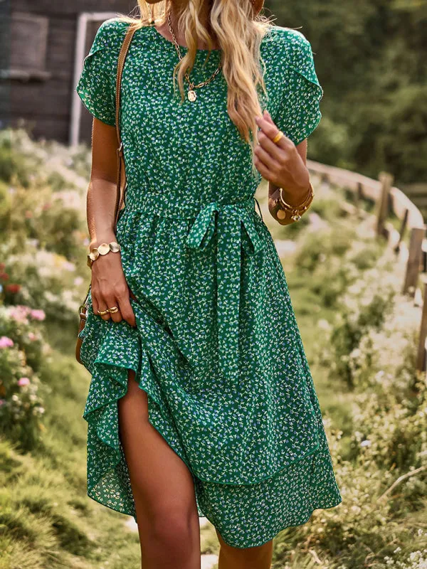Versatile Floral Waist-Tie Dress with Layered Skirt