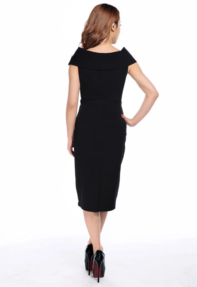Vintage 60's Audrey Hepburn Inspired Wide Shoulder Black Pencil Dress