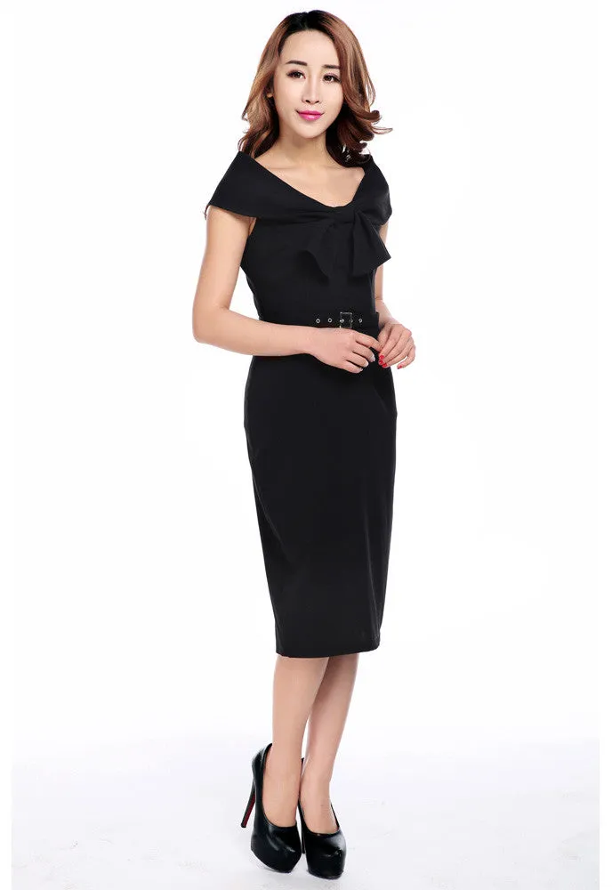 Vintage 60's Audrey Hepburn Inspired Wide Shoulder Black Pencil Dress