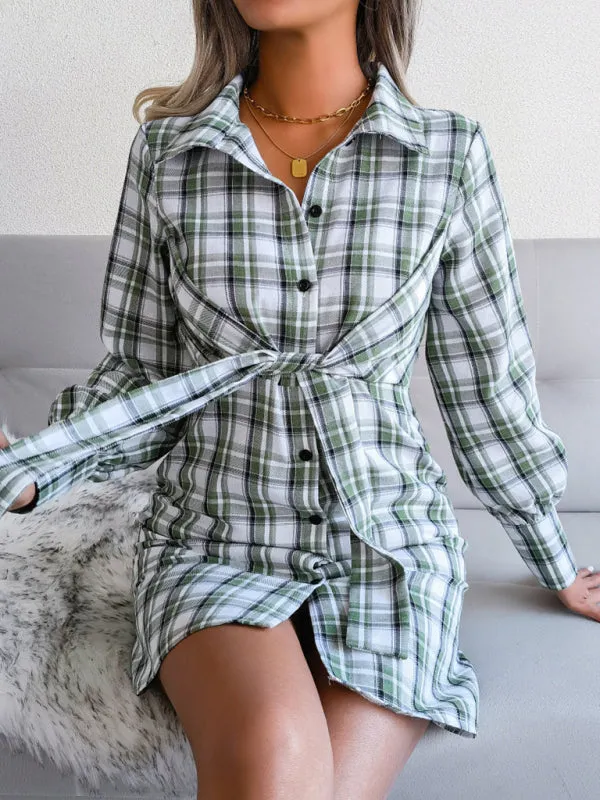 Women's Plaid Tie Front Shirt Dress, Versatile Style for Any Occasion!